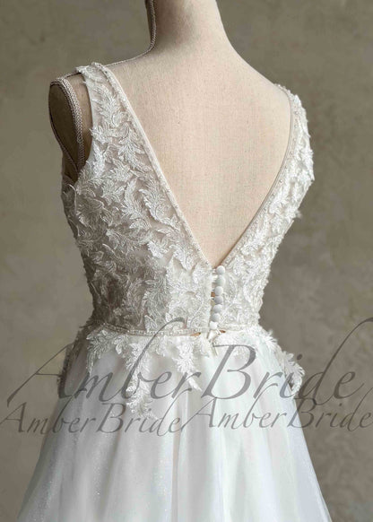 Boho A-Line Wedding Dress with Floral Appliques and Open V-Back