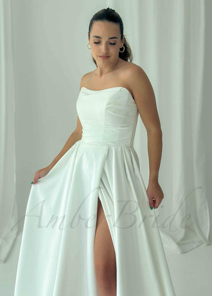 Classic A Line Satin Strapless Wedding Dress with High Slit