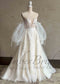 Boho Strapless Wedding Dress with Floral Appliques and Detachable Puffy Sleeves
