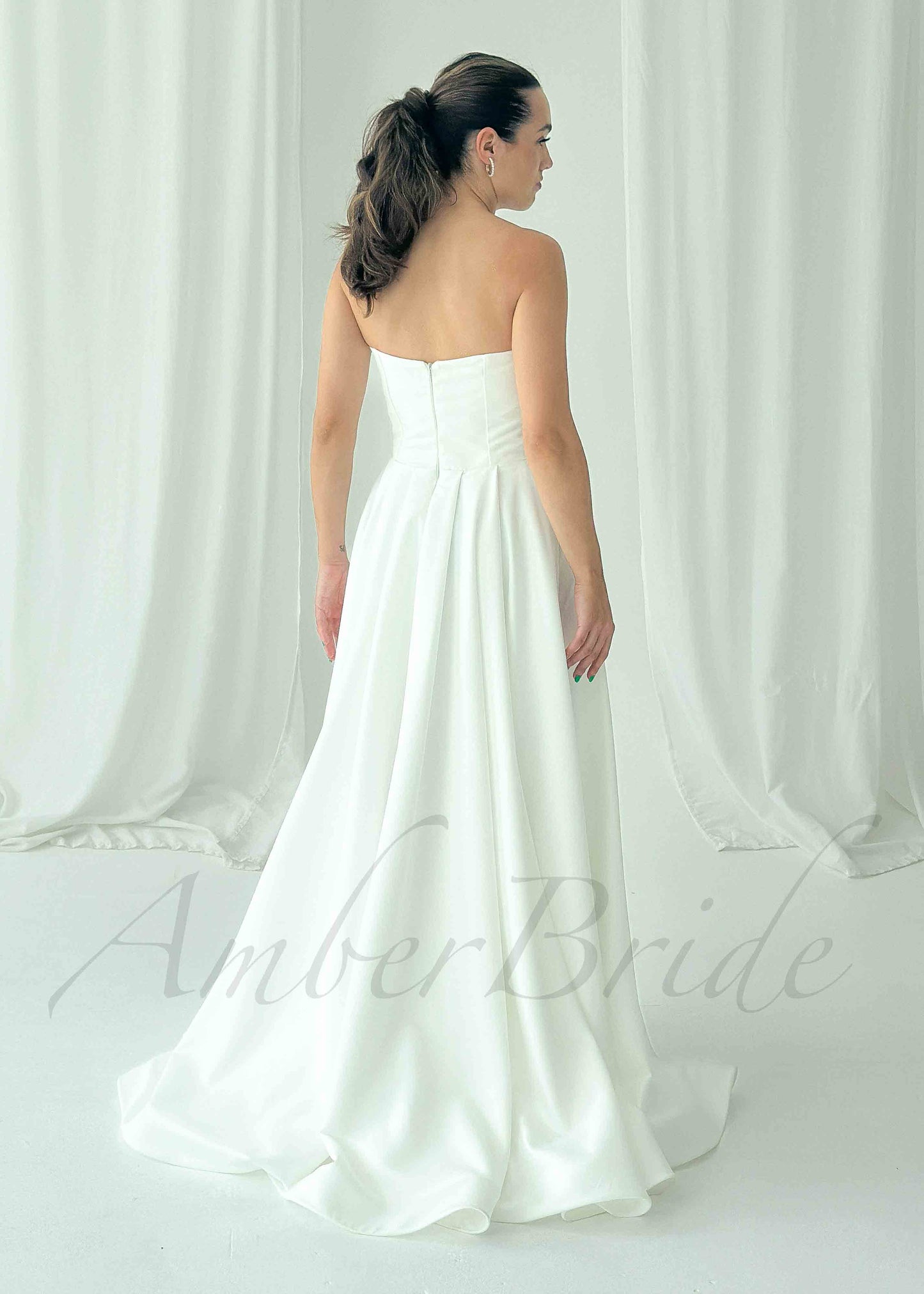 Classic A Line Satin Strapless Wedding Dress with High Slit