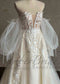 Boho Strapless Wedding Dress with Floral Appliques and Detachable Puffy Sleeves