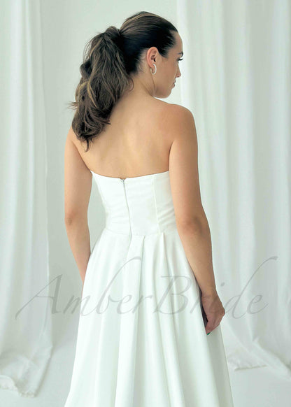 Classic A Line Satin Strapless Wedding Dress with High Slit