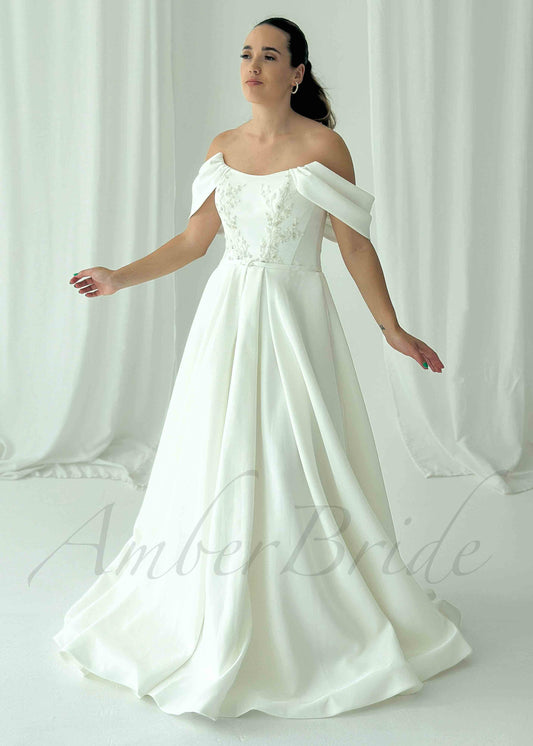 A Line Glitter Satin Wedding Dress with Off Shoulder Design and Floral Appliques