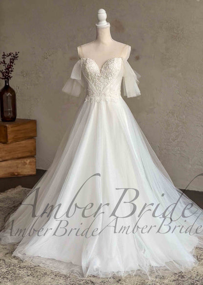 Romantic Sweetheart Wedding Dress with Floral Appliques and Flutter Sleeves