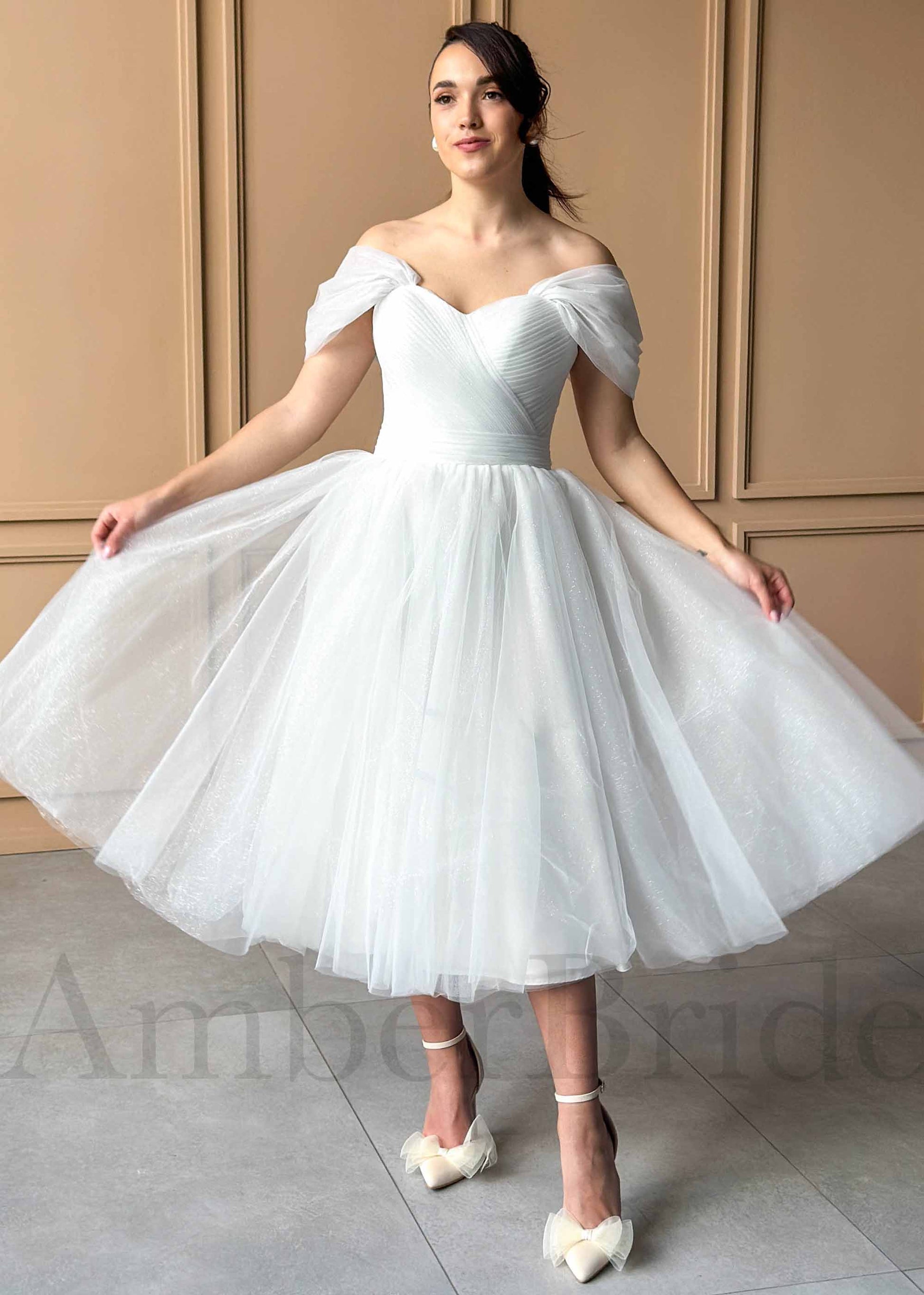 Elegant Tea Length Off Shoulder Glitter Tulle Wedding Dress with Corset