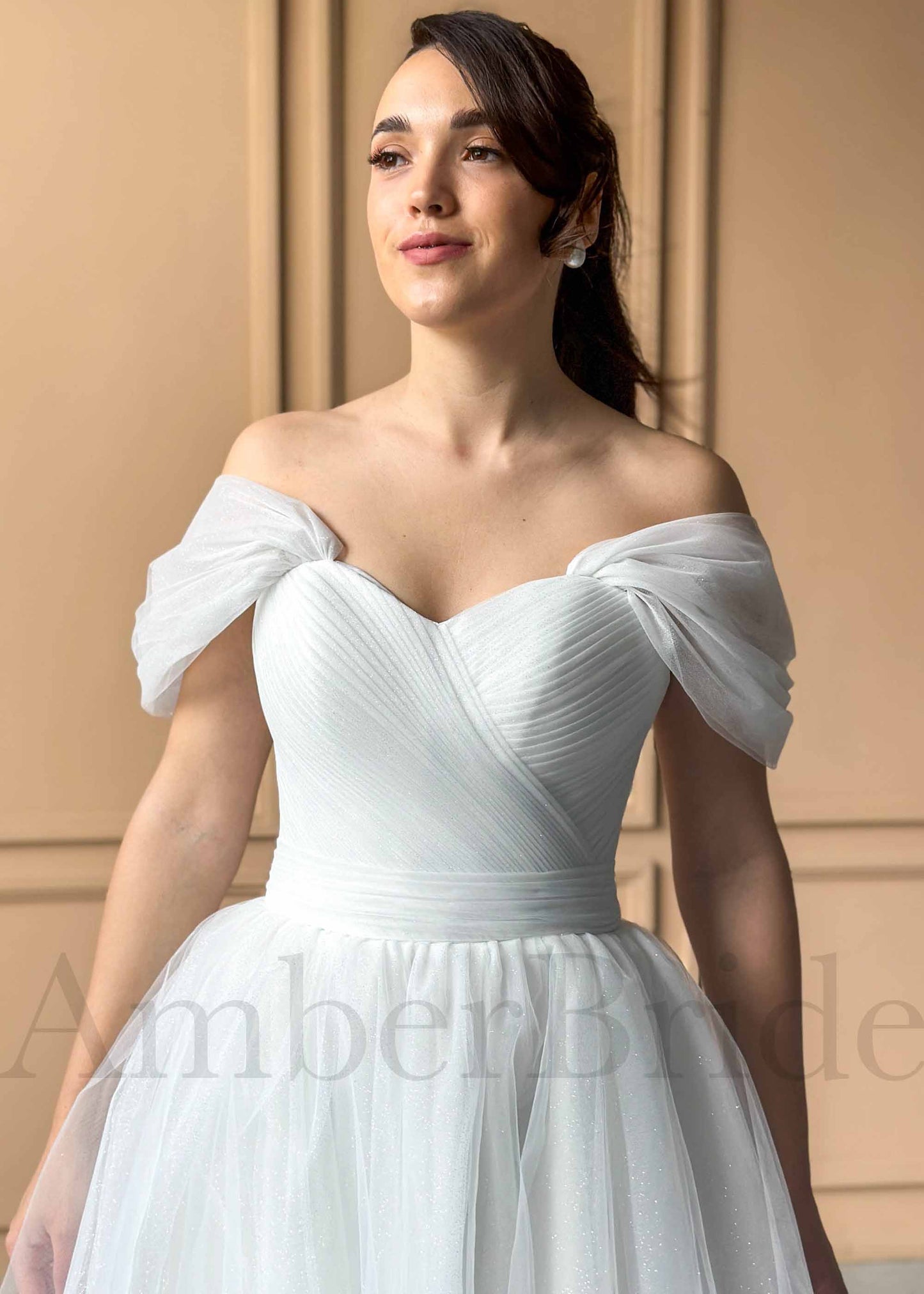 Elegant Tea Length Off Shoulder Glitter Tulle Wedding Dress with Corset