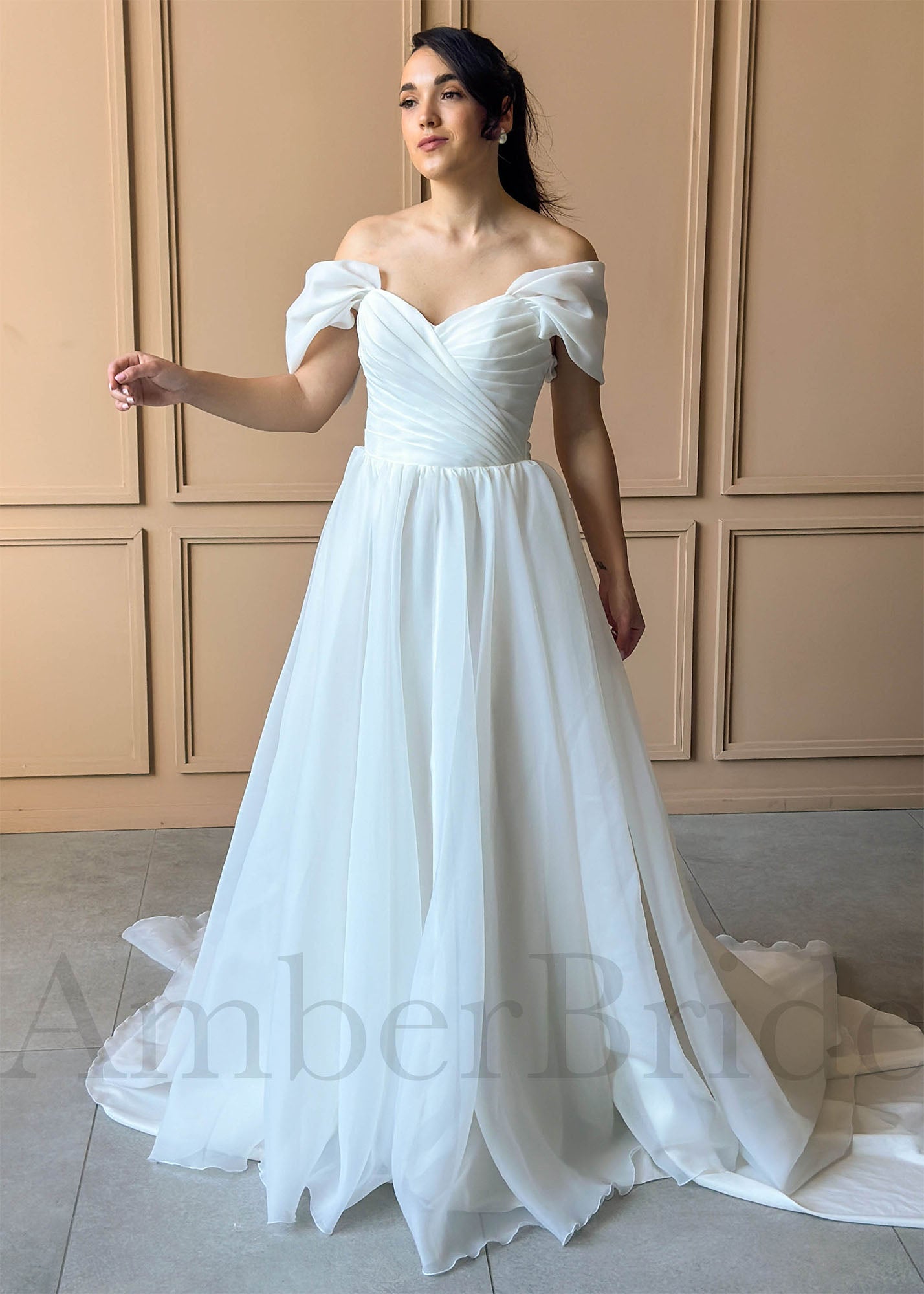 Elegant Bridal Gown - Classic A-Line Organza Dress with Off-Shoulder & Corset | AmberBride Elegant Bridal Gown - Classic A-Line Organza Dress with Off-Shoulder & Corset | AmberBride