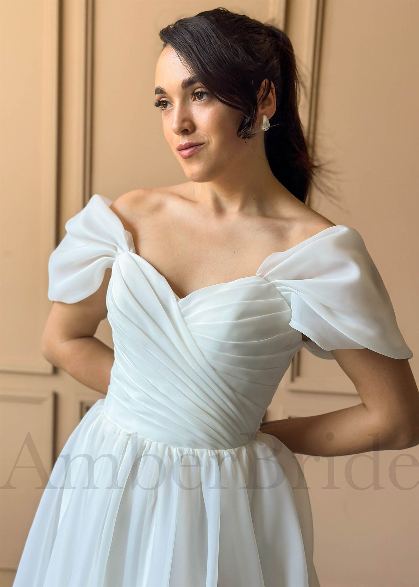 Elegant Bridal Gown - Classic A-Line Organza Dress with Off-Shoulder & Corset | AmberBride Elegant Bridal Gown - Classic A-Line Organza Dress with Off-Shoulder & Corset | AmberBride