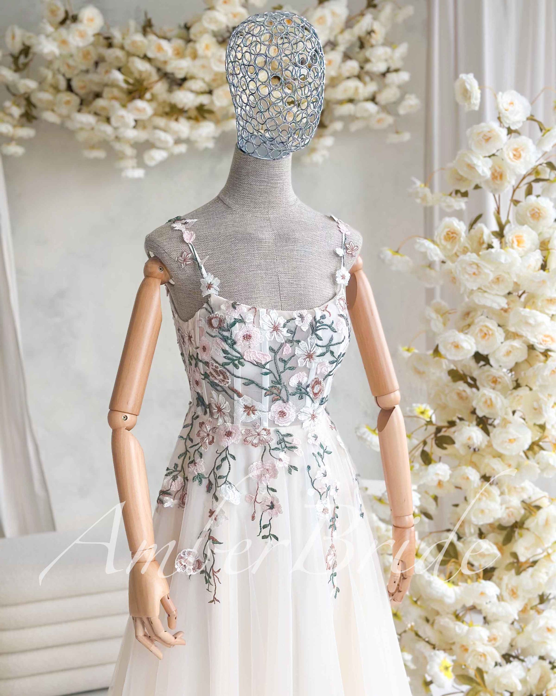 Pastel Embroidered Nude Square Neck Wedding Dress Pastel Embroidered Nude Square Neck Wedding Dress