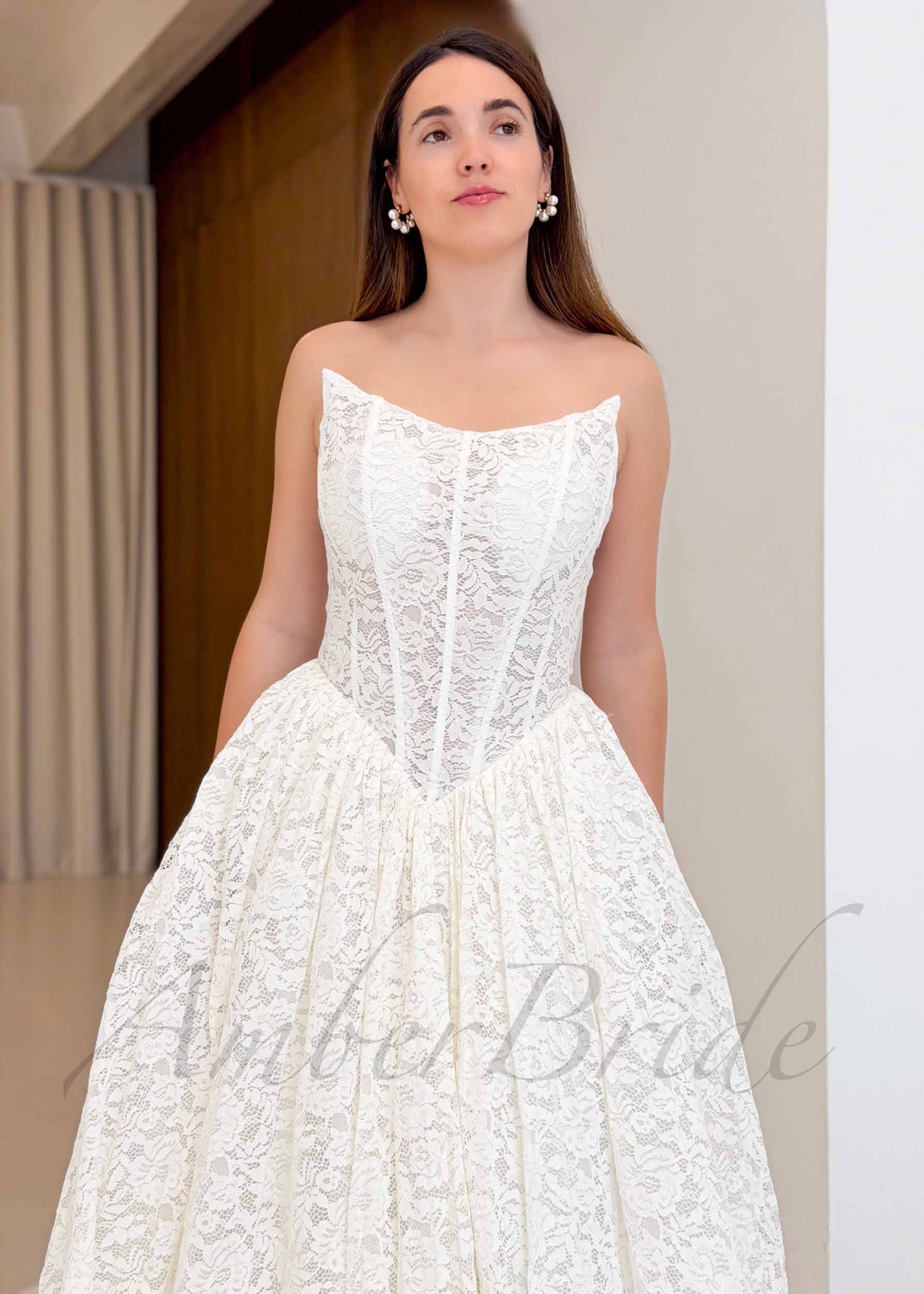 Strapless Full Lace Wedding Dress with Basque Waistline and Long Cathedral Train