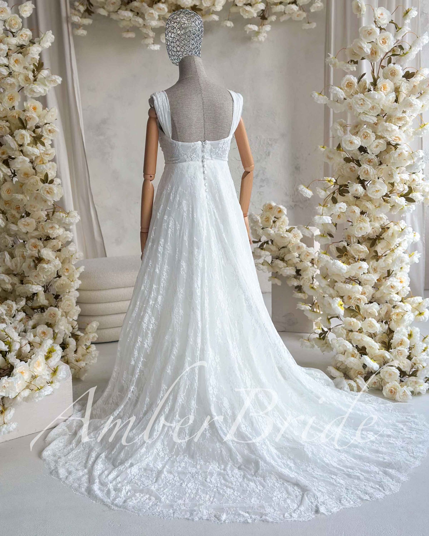 STOCK SELL-OUT: Romantic A-Line Lace Wedding Dress with Off-Shoulder Sleeves and Deep V-Neckline
