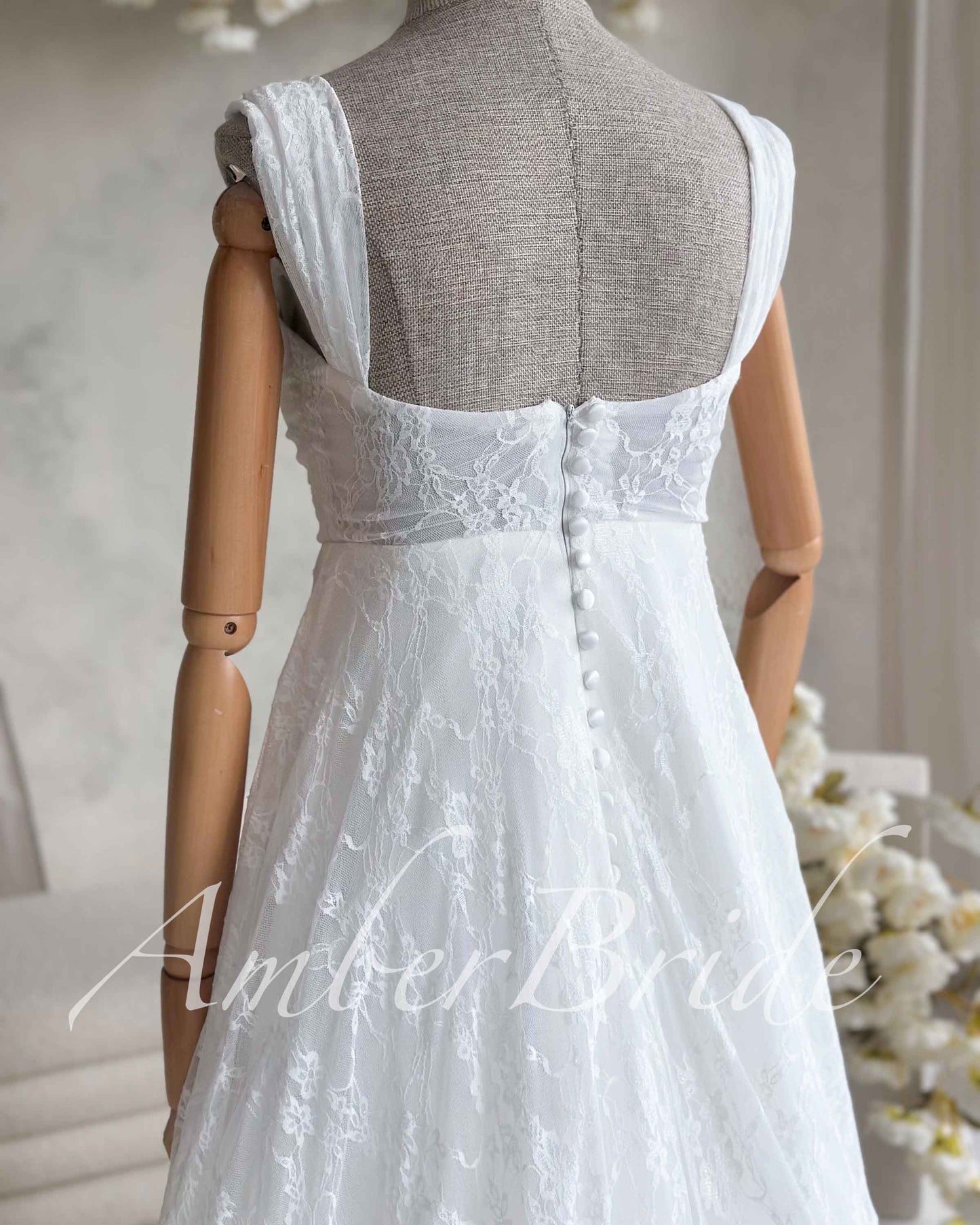 STOCK SELL-OUT: Romantic A-Line Lace Wedding Dress with Off-Shoulder Sleeves and Deep V-Neckline