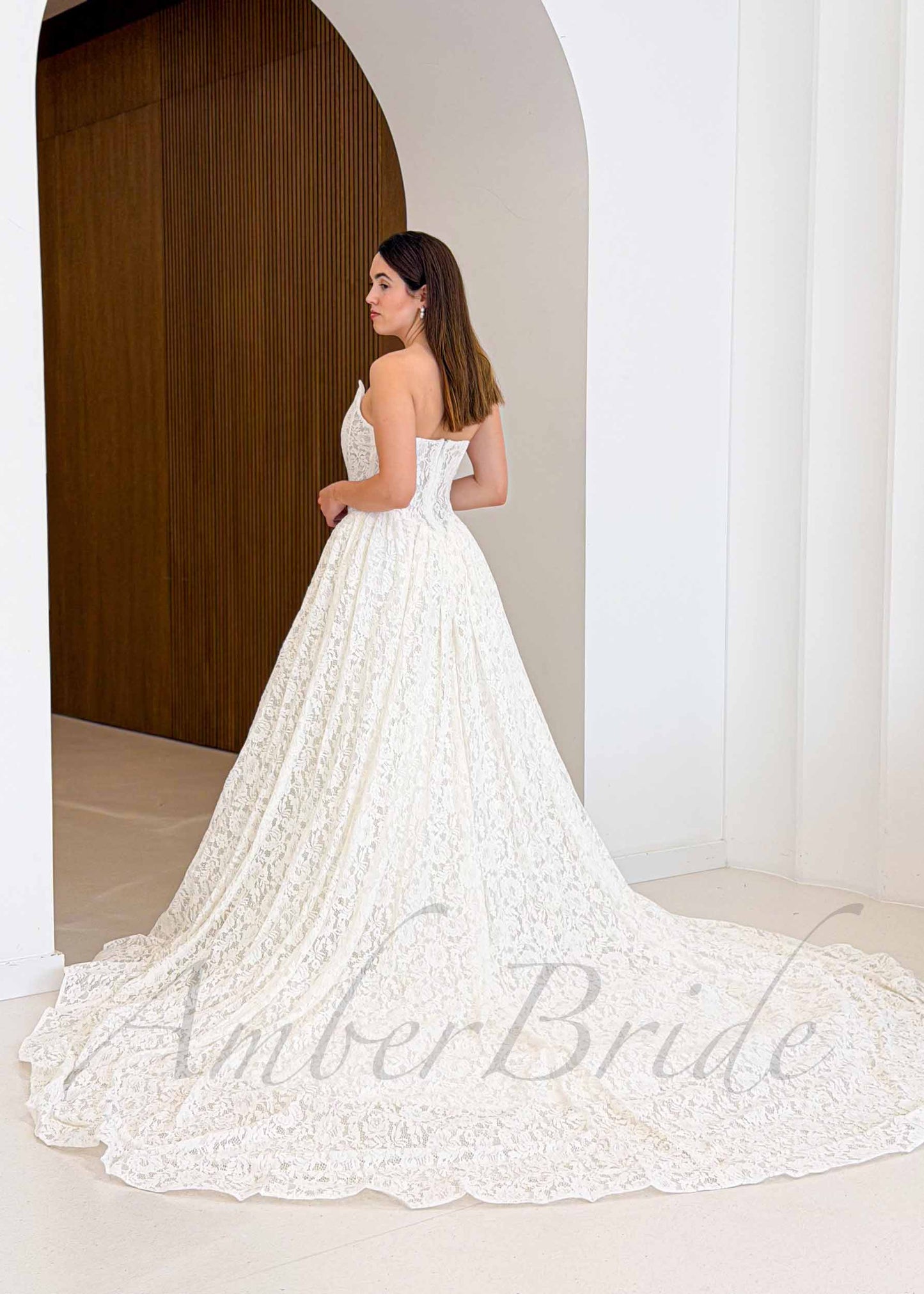 Strapless Full Lace Wedding Dress with Basque Waistline and Long Cathedral Train