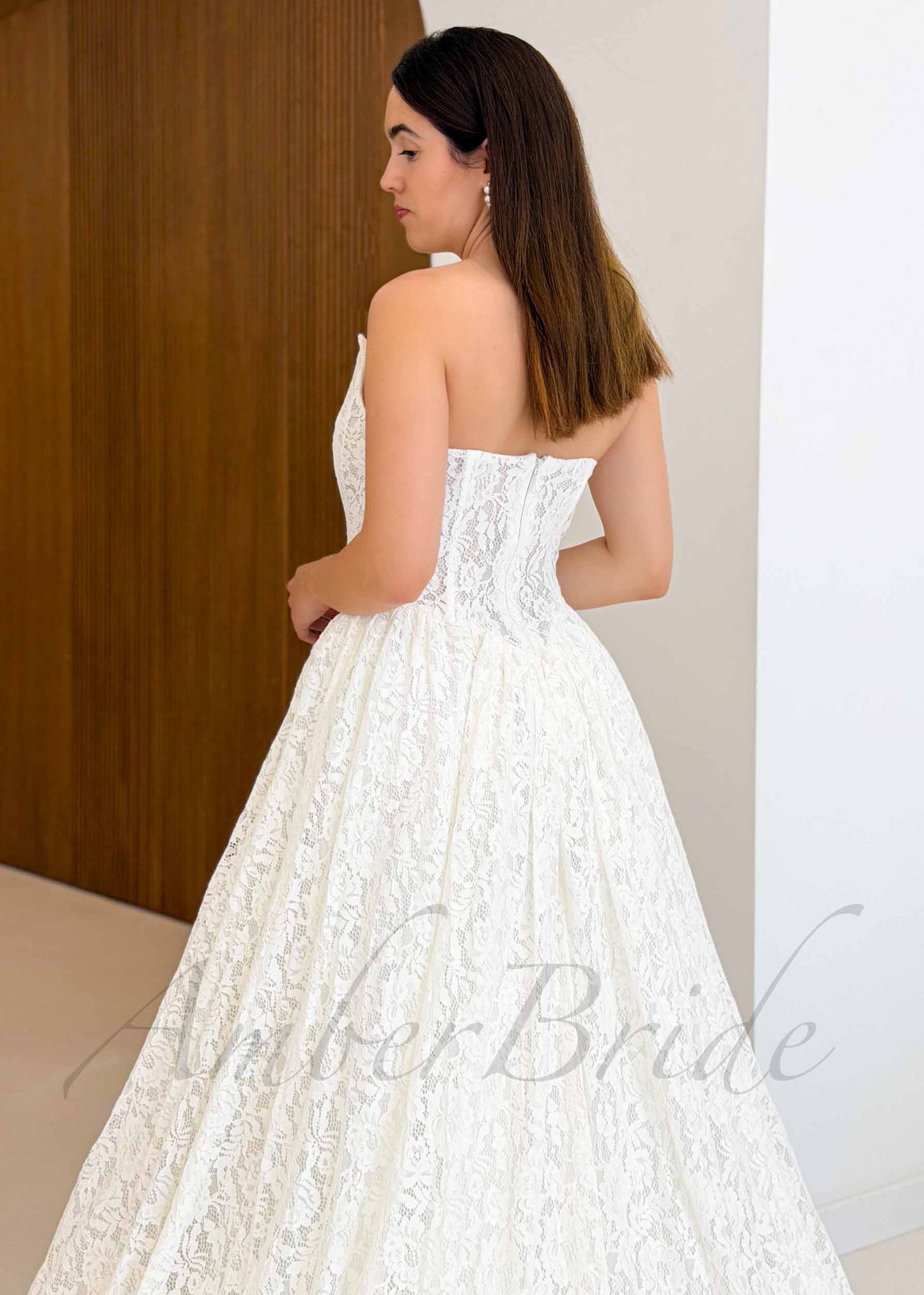 Strapless Full Lace Wedding Dress with Basque Waistline and Long Cathedral Train