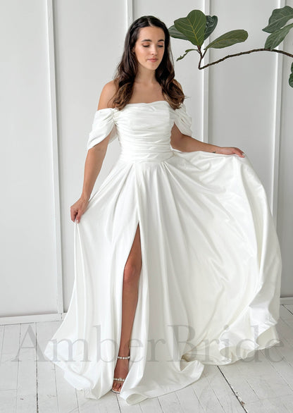 Simple A Line Pleated Satin Wedding Dress with Off Shoulder Design and Slit
