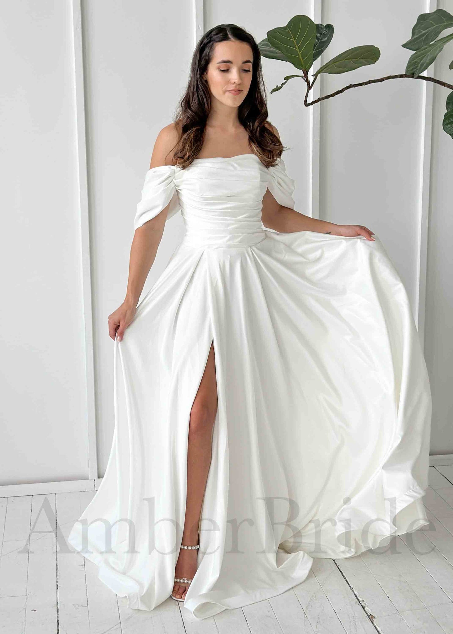 Simple A Line Pleated Satin Wedding Dress with Off Shoulder Design and Slit