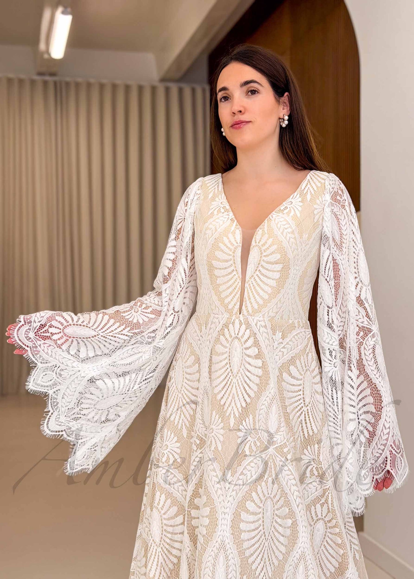 Boho A-Line Patterned Lace Wedding Dress with Flared Bell Sleeves and Nude Lining
