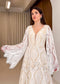 Boho A-Line Patterned Lace Wedding Dress with Flared Bell Sleeves and Nude Lining