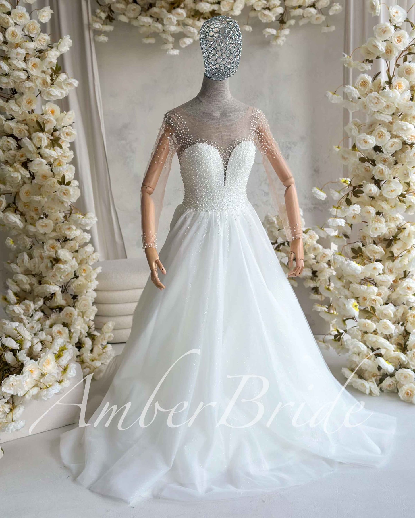 STOCK SELL-OUT: Luxury A-Line Tulle Wedding Dress with Heavy Pearl Beaded Bodice and Long Illusion Sleeves