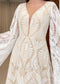 Boho A-Line Patterned Lace Wedding Dress with Flared Bell Sleeves and Nude Lining