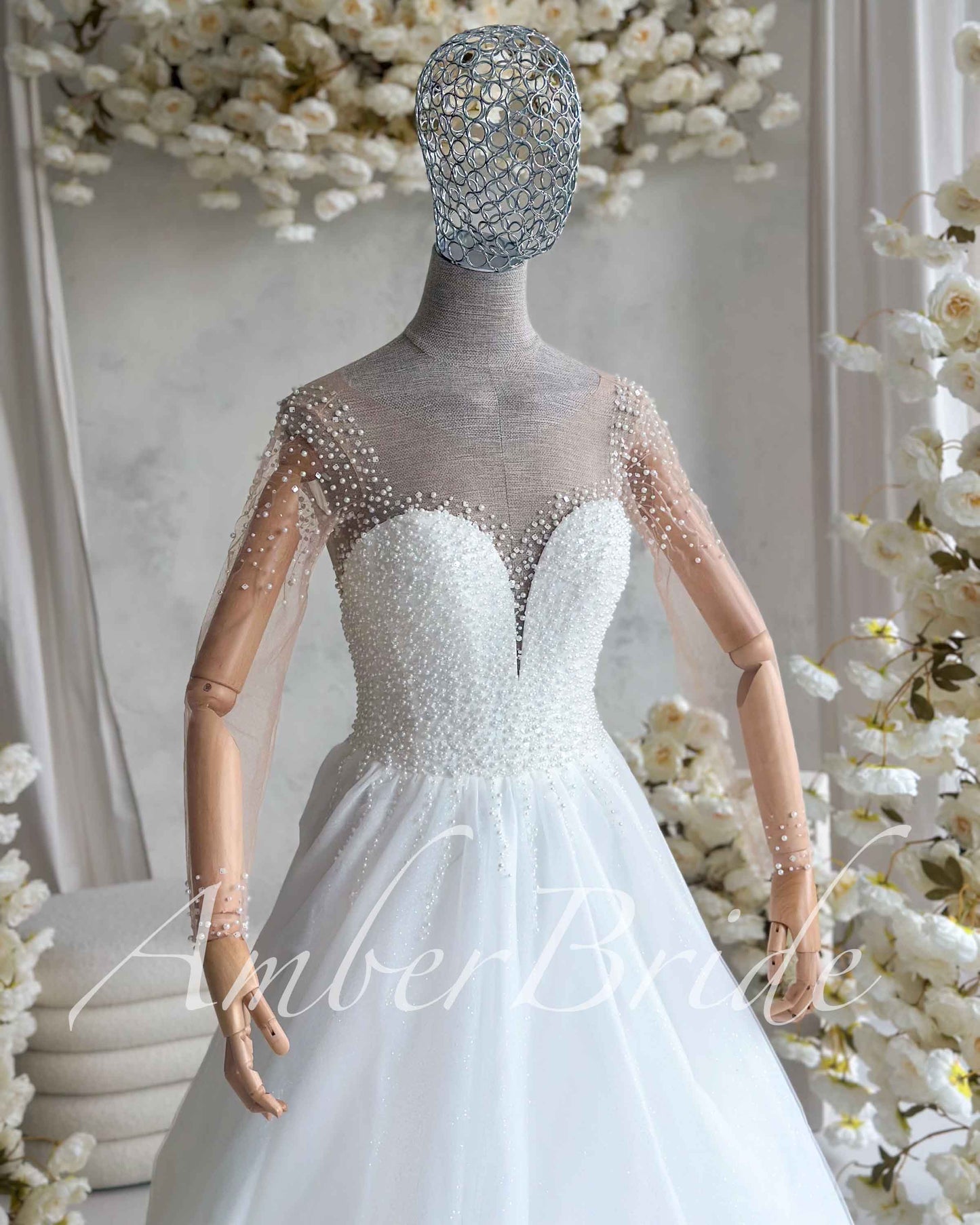 STOCK SELL-OUT: Luxury A-Line Tulle Wedding Dress with Heavy Pearl Beaded Bodice and Long Illusion Sleeves