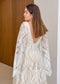 Boho A-Line Patterned Lace Wedding Dress with Flared Bell Sleeves and Nude Lining
