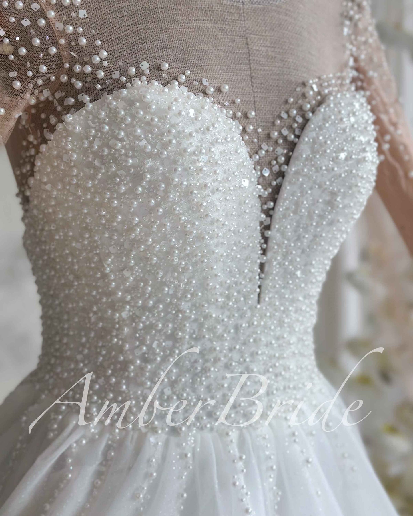 STOCK SELL-OUT: Luxury A-Line Tulle Wedding Dress with Heavy Pearl Beaded Bodice and Long Illusion Sleeves
