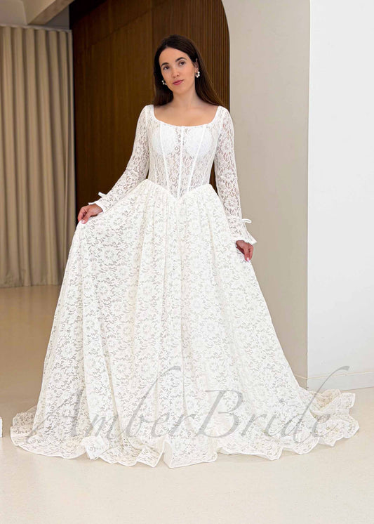 Full Lace Wedding Dress with Long Sleeves, Basque Waistline and Long Train – front view | AmberBride