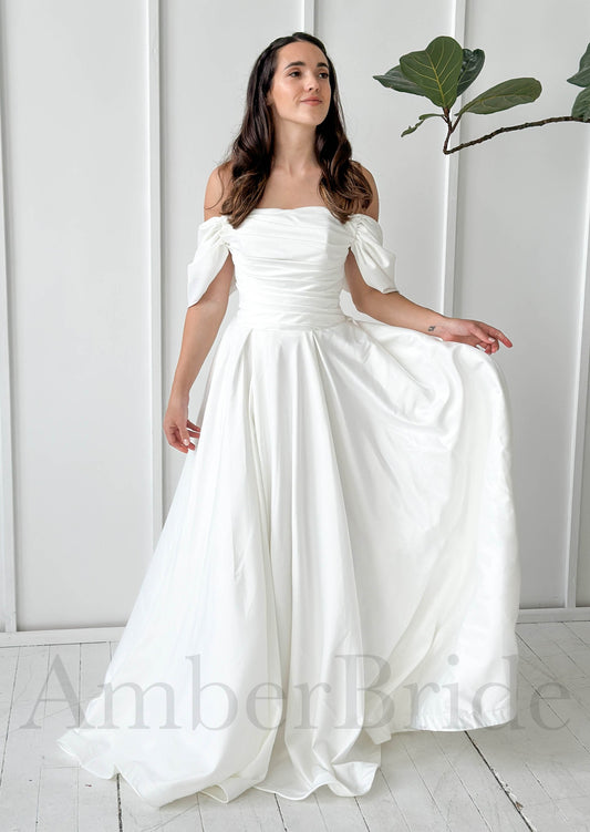 Simple A Line Pleated Satin Wedding Dress with Off Shoulder Design and Slit