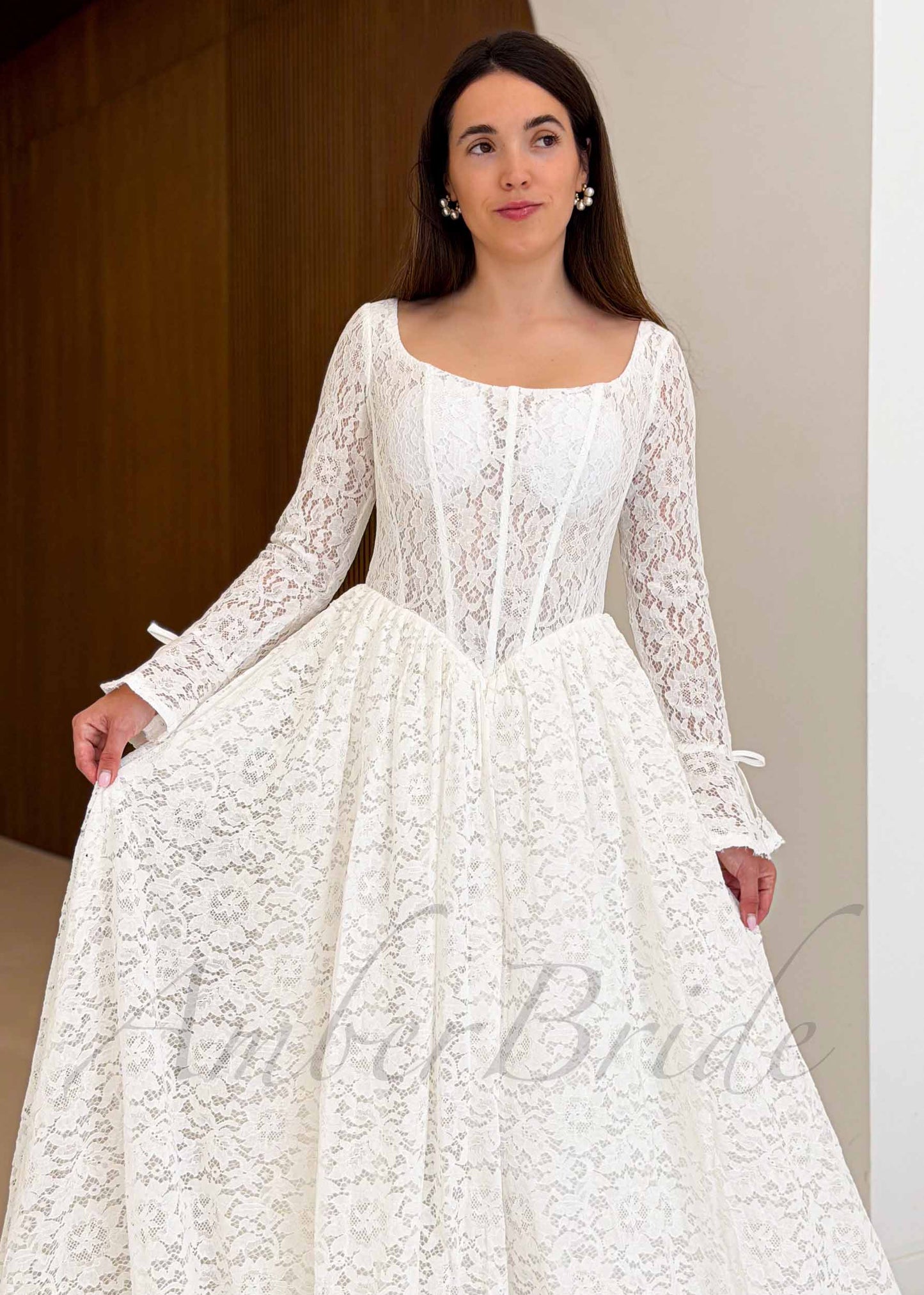 Full Lace Wedding Dress with Long Sleeves, Basque Waistline and Long Train