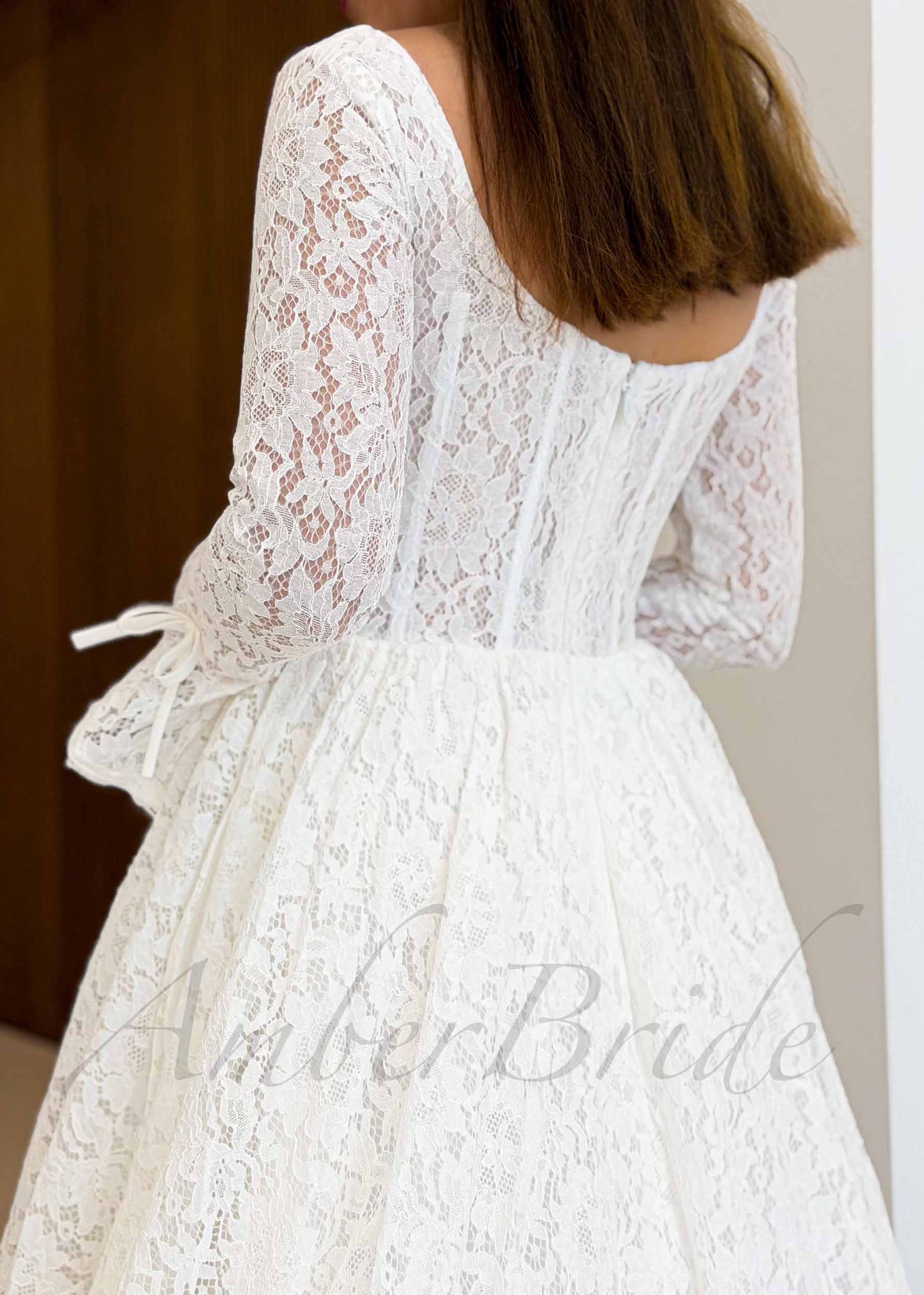 Full Lace Wedding Dress with Long Sleeves, Basque Waistline and Long Train