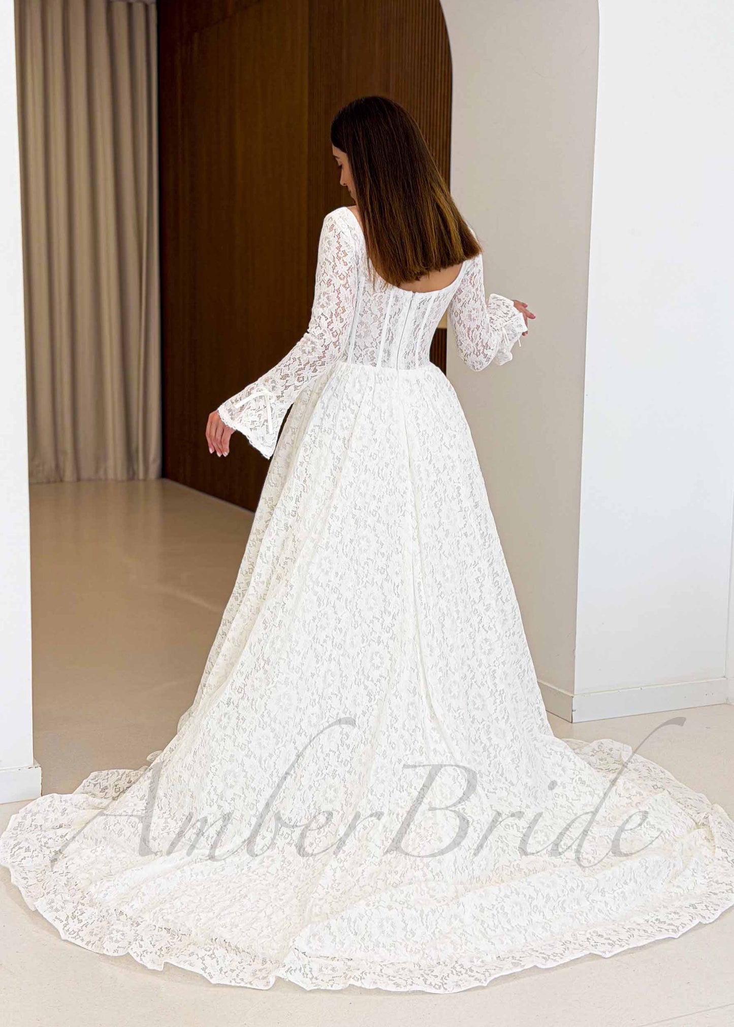 Full Lace Wedding Dress with Long Sleeves, Basque Waistline and Long Train