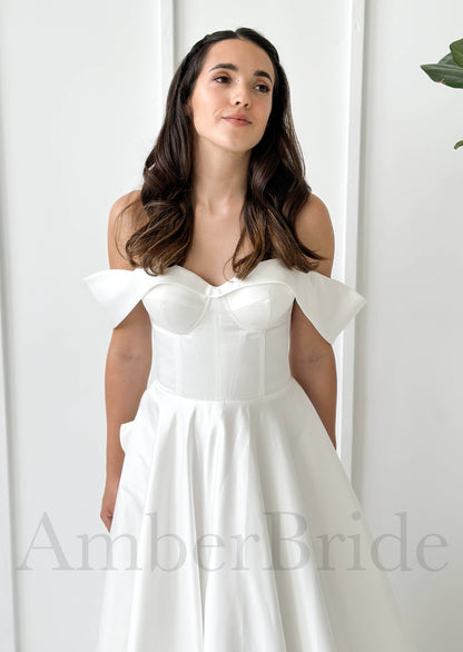 Minimalist A Line Satin Wedding Dress with Off Shoulder Sweetheart Neckline