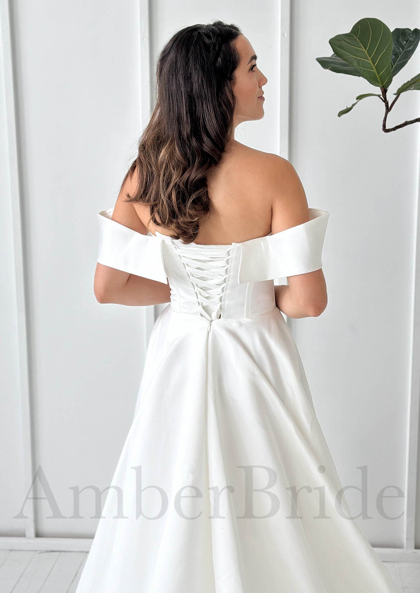 Minimalist A Line Satin Wedding Dress with Off Shoulder Sweetheart Neckline
