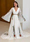 Boho Chiffon A-Line Wedding Dress with Colorful Floral Embroidery and Bell Sleeves
