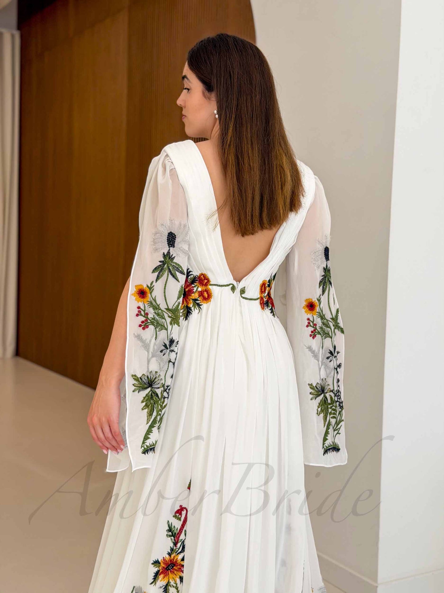 Boho Chiffon A-Line Wedding Dress with Colorful Floral Embroidery and Bell Sleeves