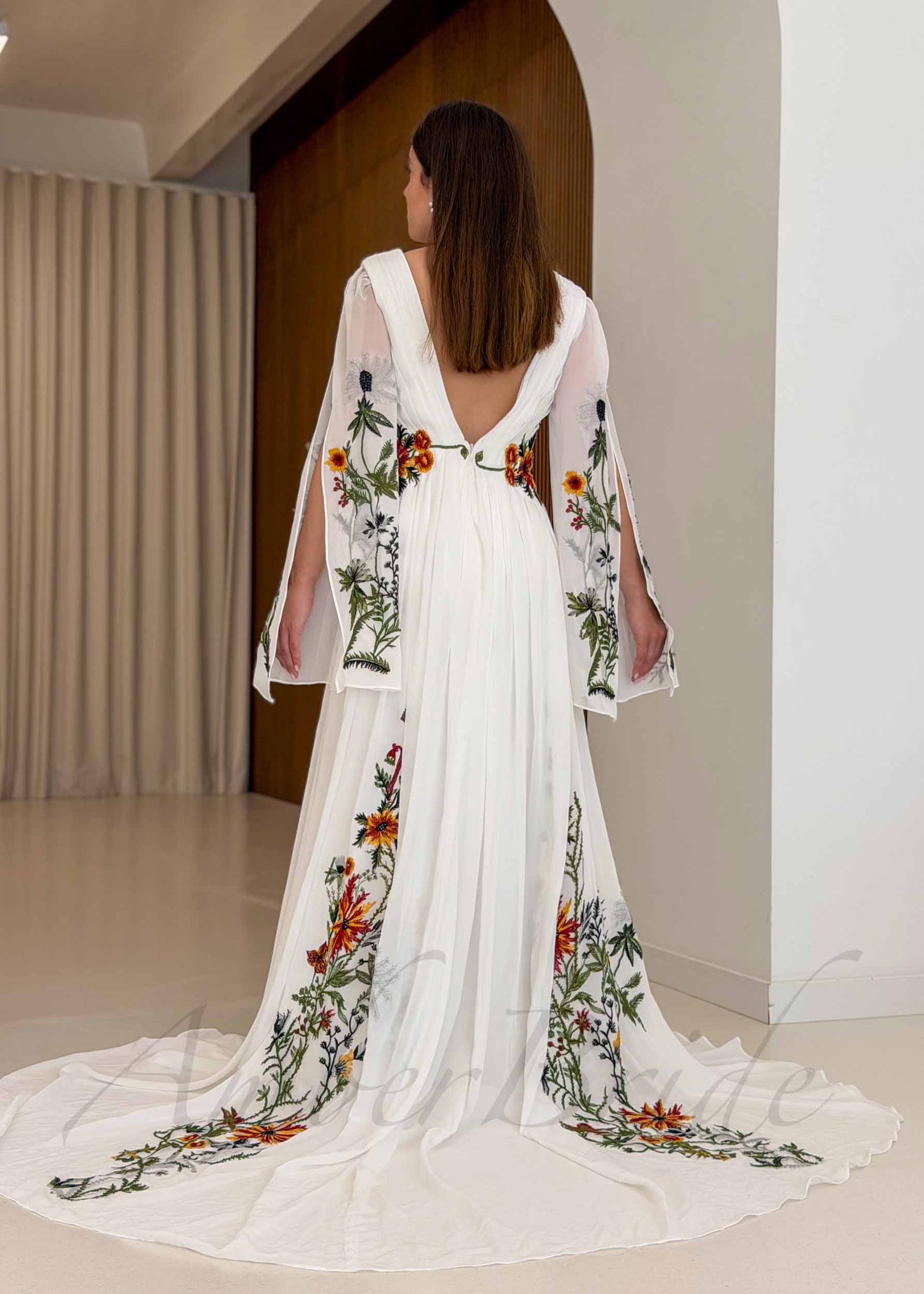 Boho Chiffon A-Line Wedding Dress with Colorful Floral Embroidery and Bell Sleeves