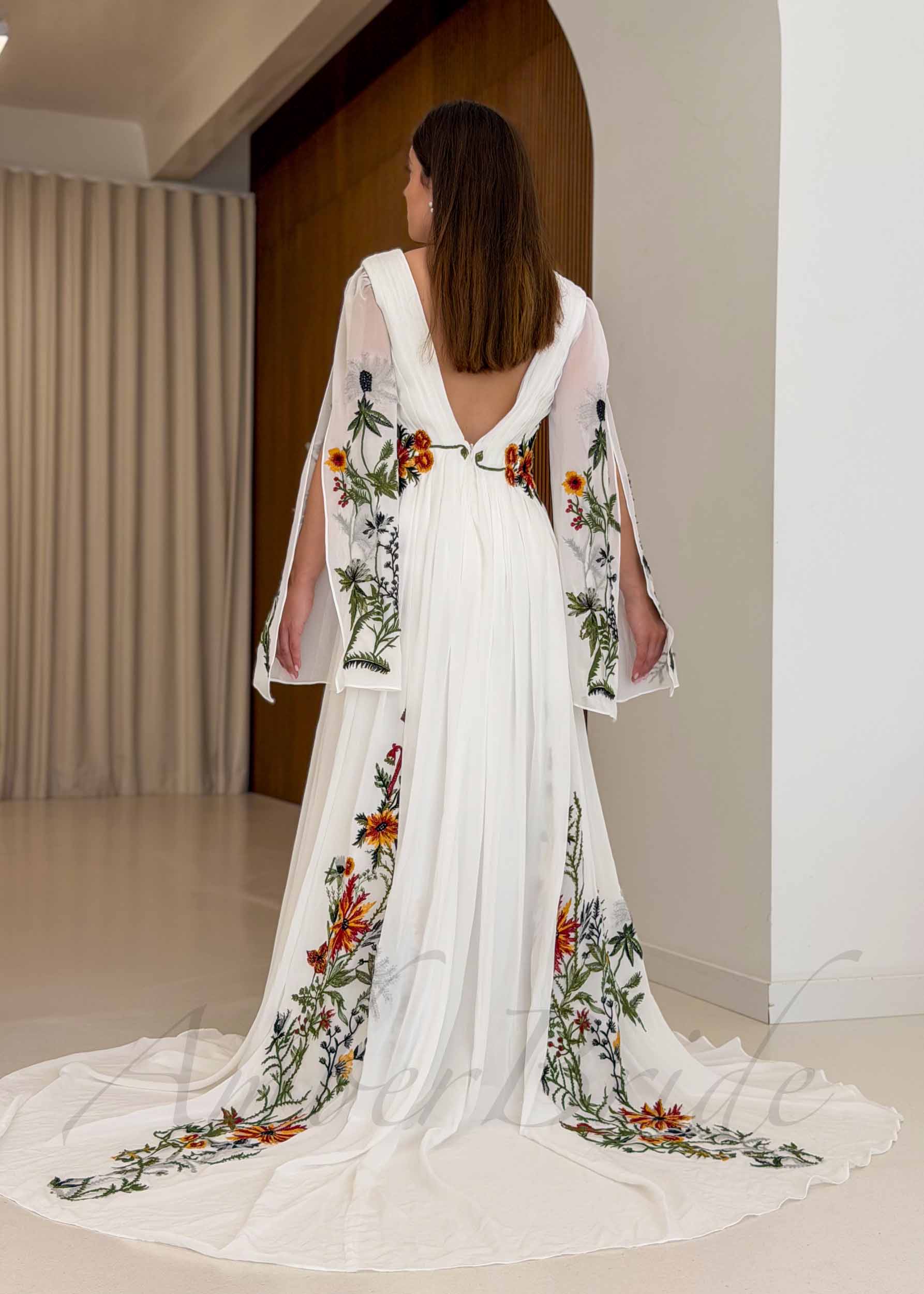 long sleeve summer wedding dress Bohemian Wedding Dress with Bell Sleeves and Floral Embroidery for Summer Weddings