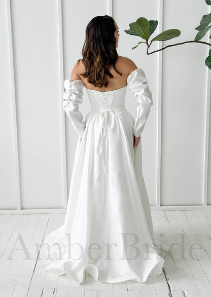 Simple A Line Strapless Satin Wedding Dress with Removable Long Sleeves