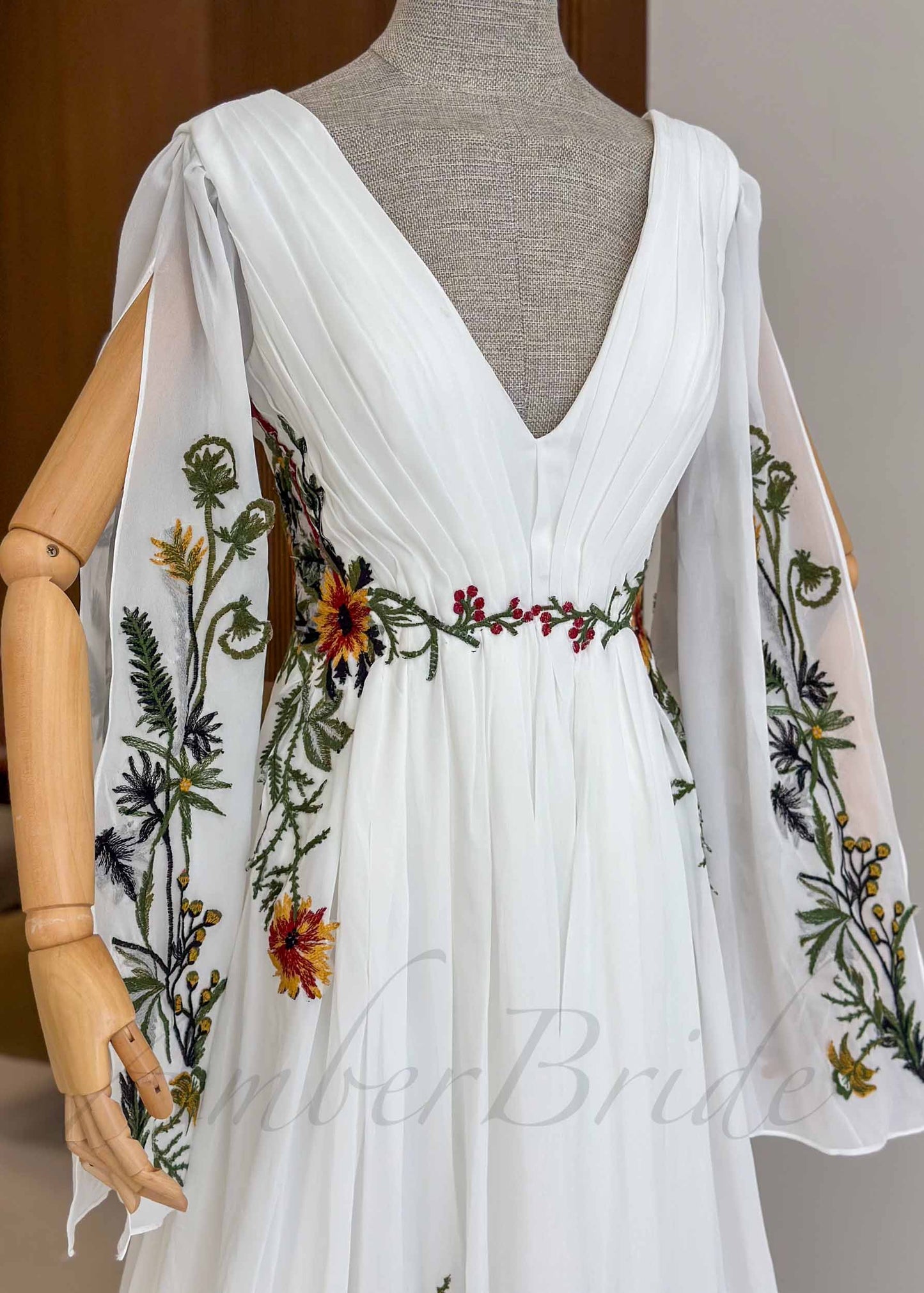 Boho Chiffon A-Line Wedding Dress with Colorful Floral Embroidery and Bell Sleeves