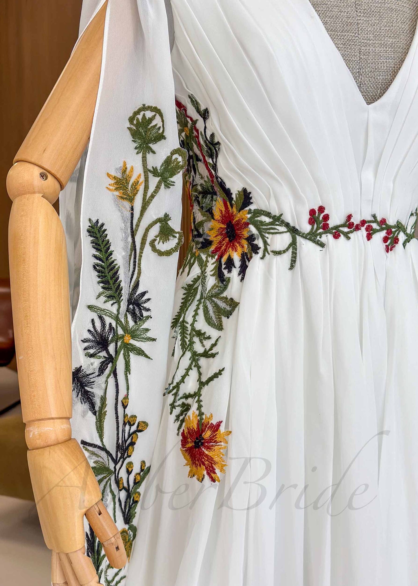 Boho Chiffon A-Line Wedding Dress with Colorful Floral Embroidery and Bell Sleeves