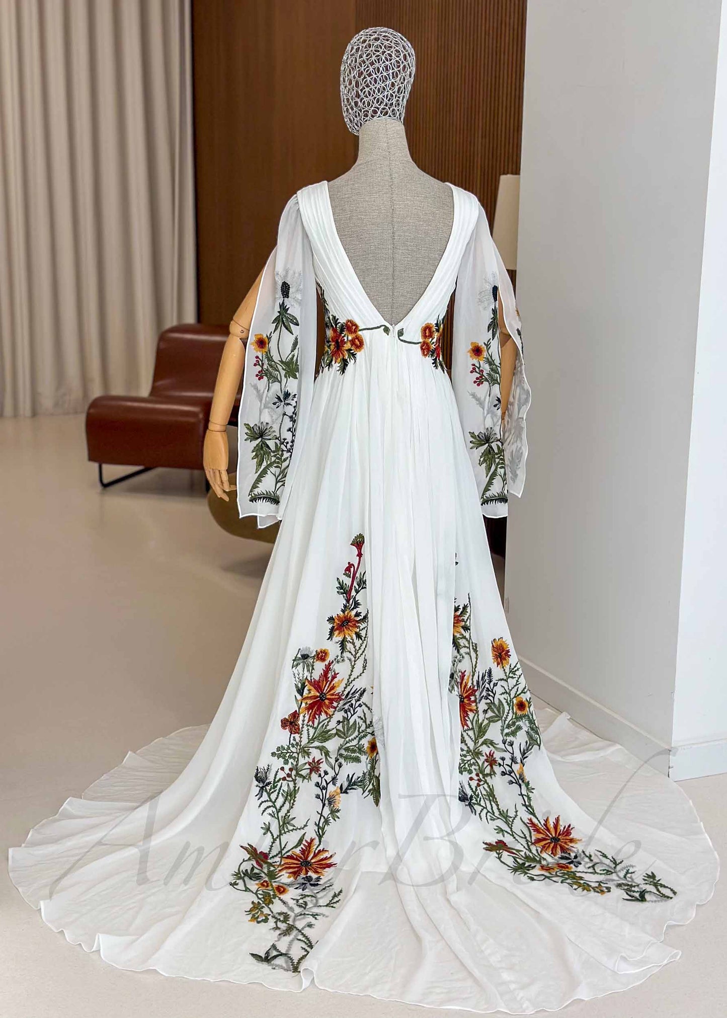 Boho Chiffon A-Line Wedding Dress with Colorful Floral Embroidery and Bell Sleeves