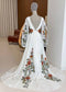 Boho Chiffon A-Line Wedding Dress with Colorful Floral Embroidery and Bell Sleeves