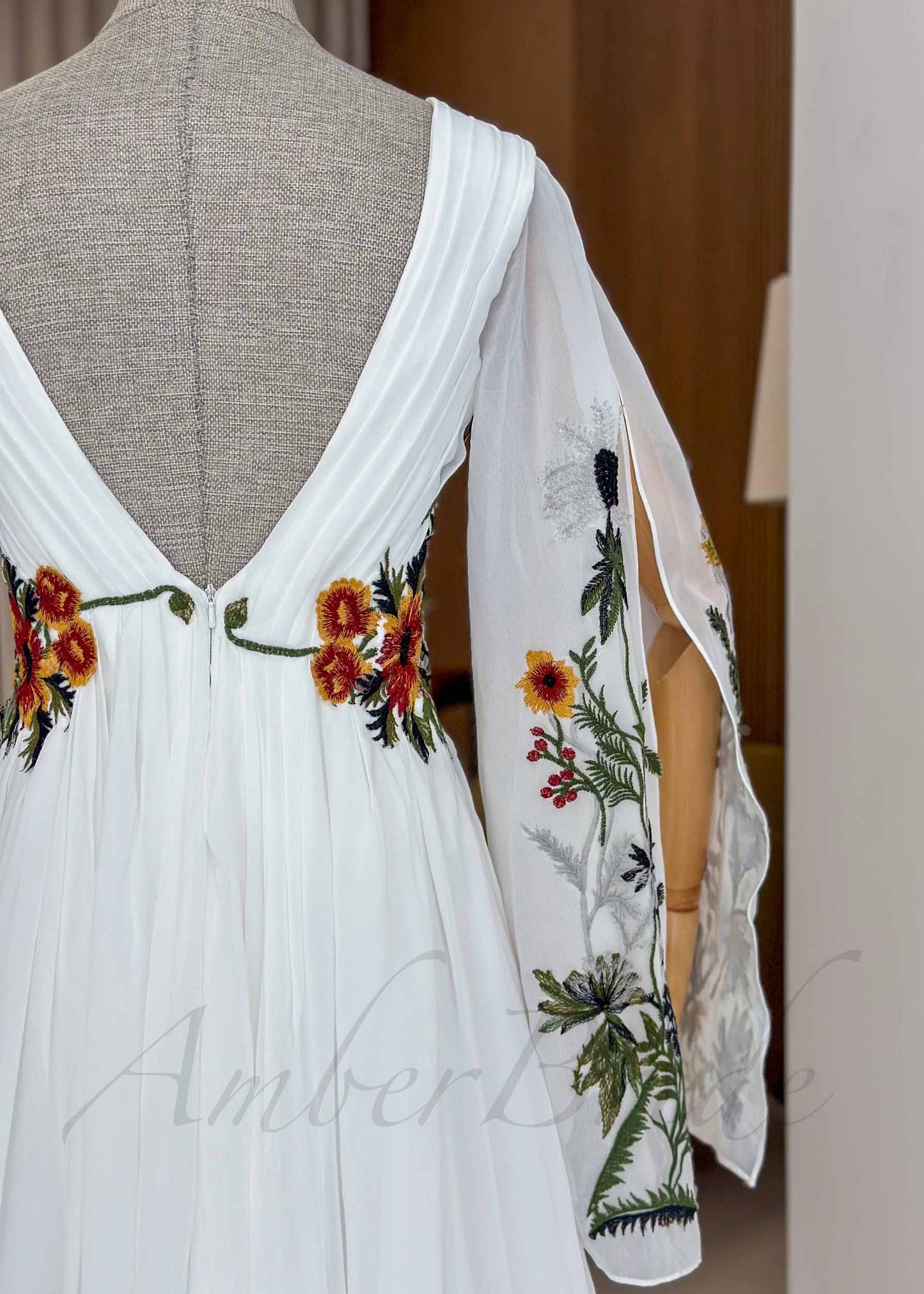 Boho Chiffon A-Line Wedding Dress with Colorful Floral Embroidery and Bell Sleeves