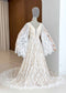 Boho A-Line Patterned Lace Wedding Dress with Flared Bell Sleeves and Nude Lining