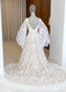 Boho A-Line Patterned Lace Wedding Dress with Flared Bell Sleeves and Nude Lining