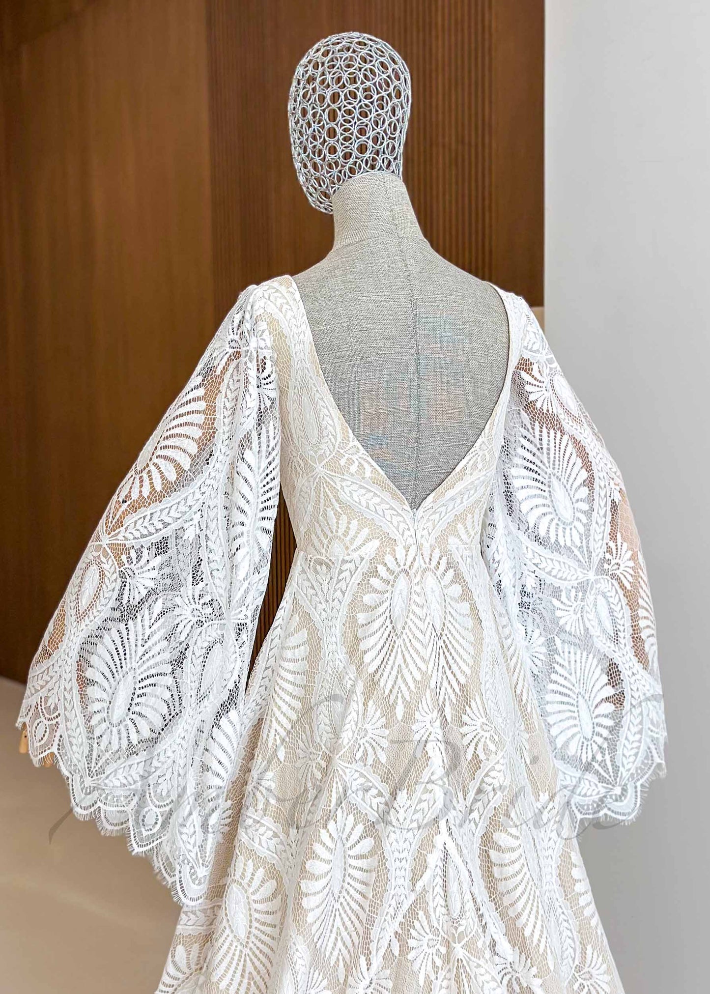 Boho A-Line Patterned Lace Wedding Dress with Flared Bell Sleeves and Nude Lining