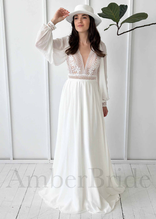 Boho A Line Lace and Chiffon Wedding Dress with Bishop Sleeve and Open V-Back