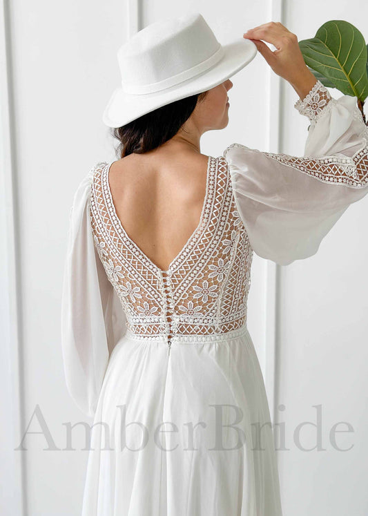 Boho A Line Lace and Chiffon Wedding Dress with Bishop Sleeve and Open V-Back