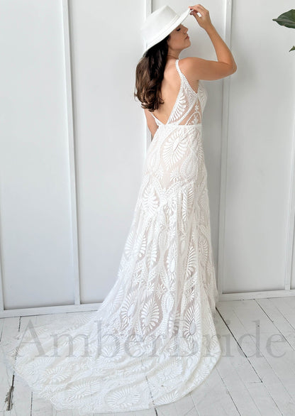 Boho Sheath Lace Wedding Dress with Backless Design and Spaghetti Straps